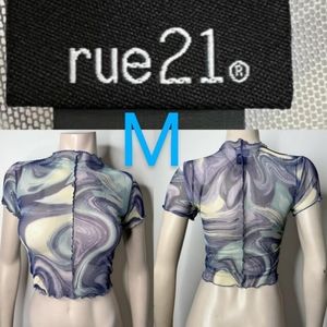 🆕Rue 21 Blue Wavy Print Mesh Crop Top~Size M